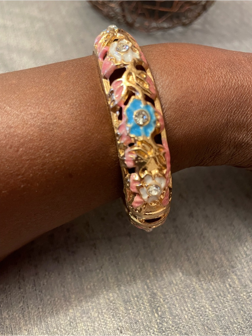 Gold-Tone Floral Enamel Hinged Bangle Bracelet Pink,  Blue & White